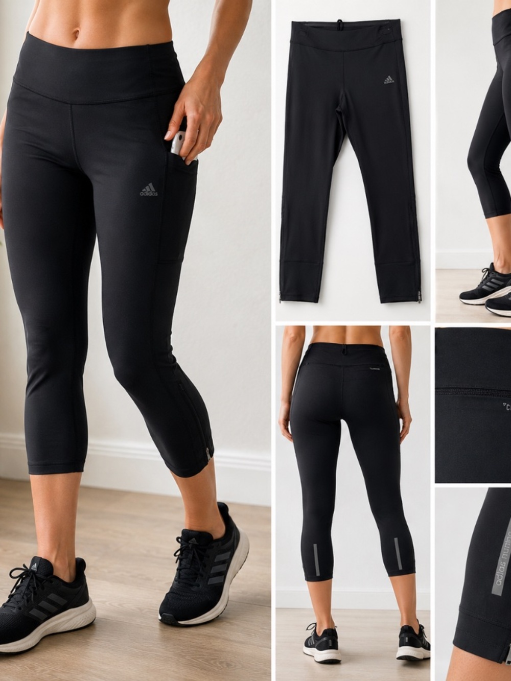 Adidas ClimaCool Running Capri Leggings Black Size M Reflective Zip Hem